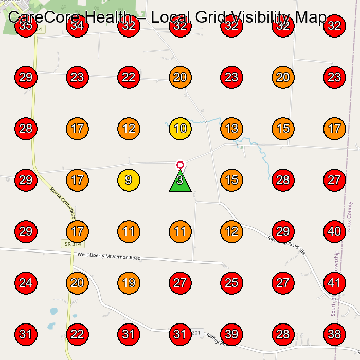 CareCore Health GeoGrid visibility map for Rehabilitation Center in Jacksonville